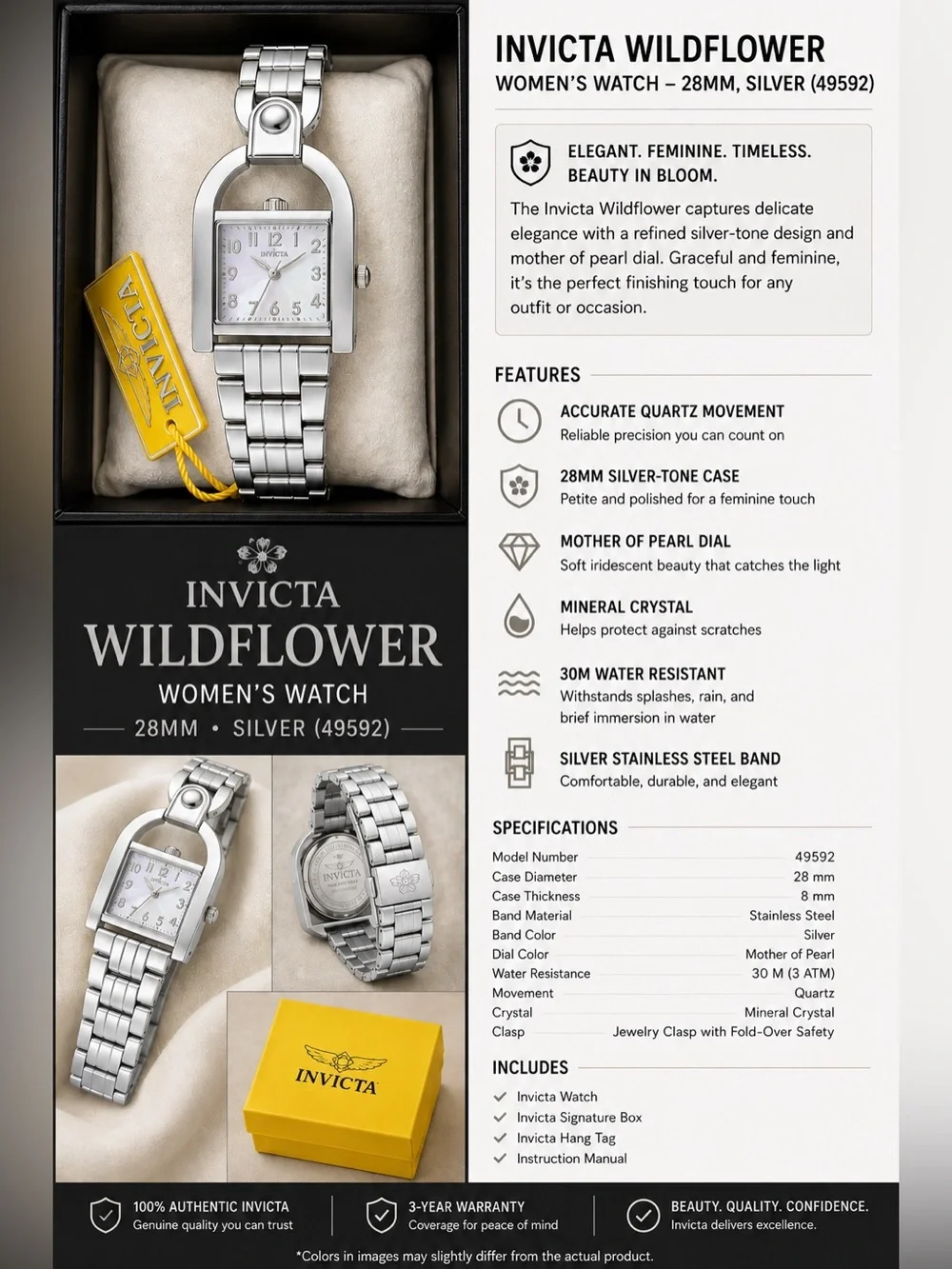 Invicta Wildflower 49592 Women’s 28mm Silver Watch NWT